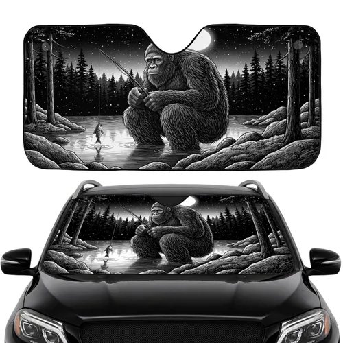Bigfoot Fishing Serene Lake Pine Forest Full Moon - Outdoor Adventure Car Interior Upgrade Car Sunshade