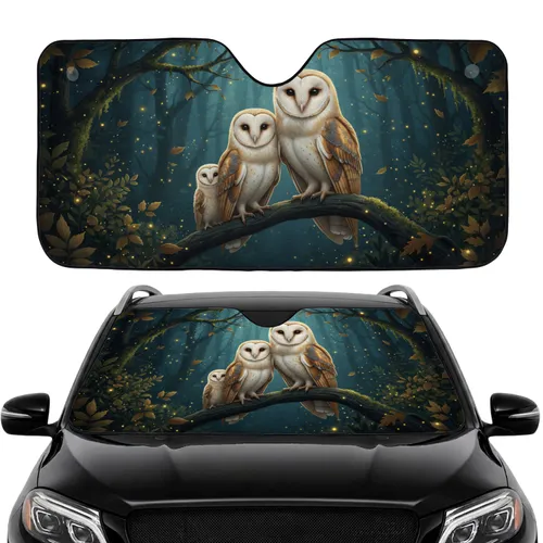 Barn Owl Family Gnarled Branch Firefly Autumn Leaves Forest Night - Road Trip Gift Car Sunshade