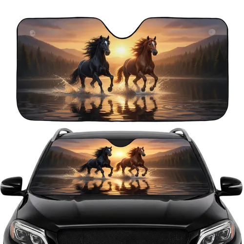 Galloping Horses Water Mountains Sunset - Car Interior Upgrade for Horse Lover Car Sunshade
