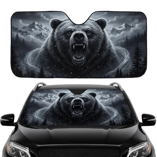 Ferocious Snarling Grizzly Bear Head Misty Forest Wilderness Car Interior Upgrade Car Sunshade