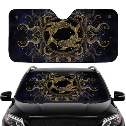 Deep Black Gold Bronze Fish Celestial Stars Cosmic Waves - Car Interior Upgrade Car Sunshade