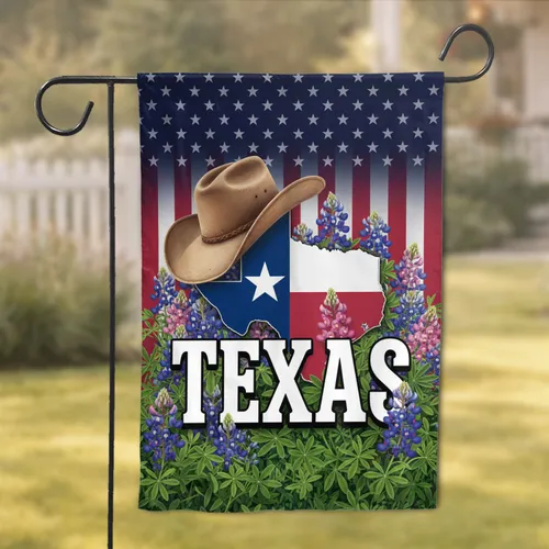 Texas State Flag Cowboy Hat Bluebonnets - Texas Pride Gift for Texans Garden Flag