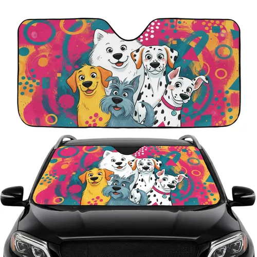 Cheerful Expressive Spotted Fluffy Yellow Blue Dogs Car Interior Upgrade Dog Lover Gift Car Sunshade
