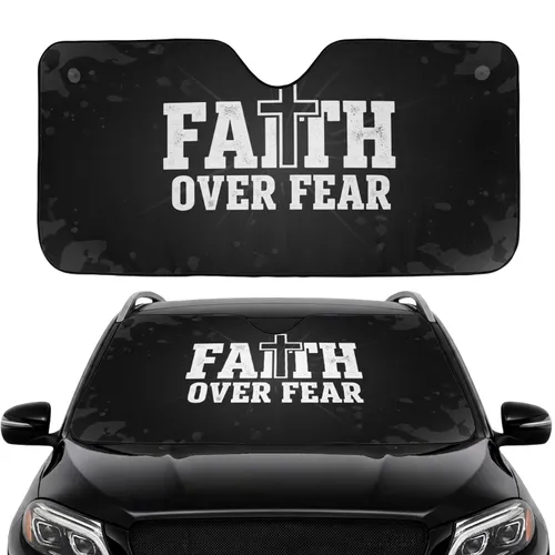 FAITH OVER FEAR Cross Ethereal Light Weathered Stone Car Interior Upgrade Car Sunshade
