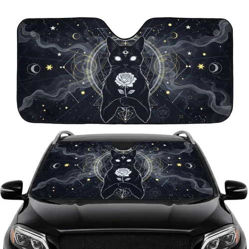 Black Cat White Rose Celestial Star - Car Interior Upgrade for Cat Lovers Car Sunshade