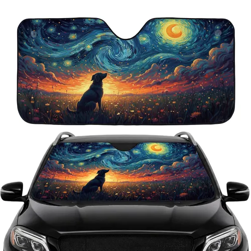 Dog Silhouette Golden Field Celestial Twilight Sky - Road Trip Travel Essential Car Sunshade