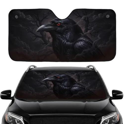 Iridescent Black Raven Glowing Red Eye Gothic Forest Twilight - Car Interior Upgrade Car Sunshade