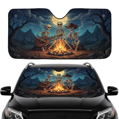 Skeletons Campfire Guitar Full Moon Night - Car Interior Upgrade for Travelers Car Sunshade