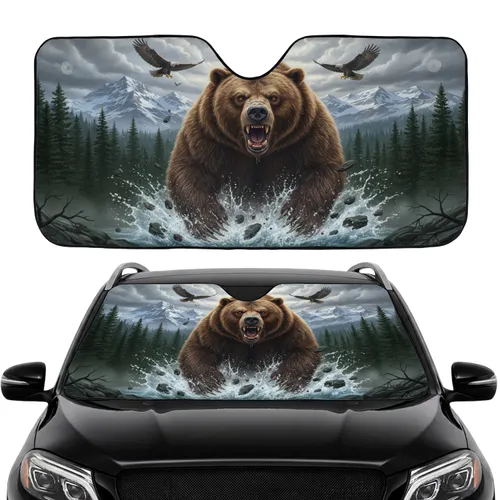 Powerful Roaring Grizzly Bear, Untamed Mountain Wilderness - Car Interior Upgrade Car Sunshade