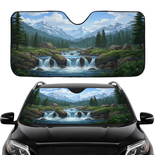 Majestic Mountain Waterfall Stream Evergreen Snow-Capped Peaks - Road Trip Gift Car Sunshade