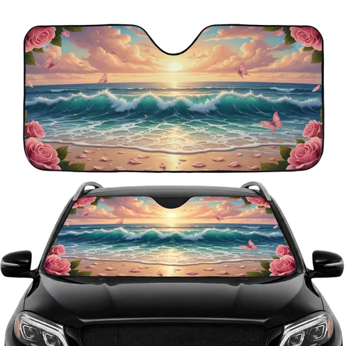 Ocean Waves Sandy Beach Sunset Butterflies Roses - Car Interior Upgrade Car Sunshade