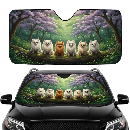 Five Small Dogs Wooden Log Wildflowers - Road Trip Gift for Dog Lover Car Sunshade