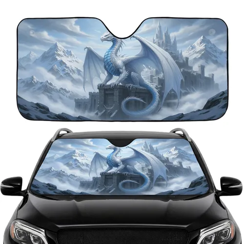 White Icy Blue Dragon Castle Mountain Winter Scene - Commute Driving Accessory Car Sunshade