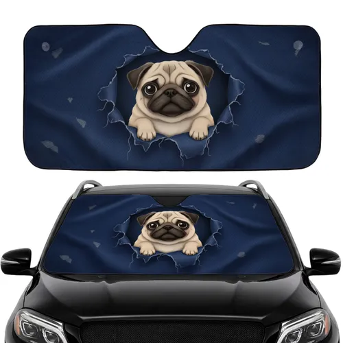 Pug with Expressive Eyes Peeking Torn Indigo Denim - Car Interior Upgrade Car Sunshade