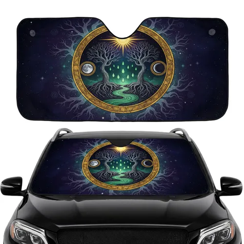 Ancient Gnarled Trees Cosmic Sky Sun Moon Emerald Droplets River - Car Interior Upgrade Car Sunshade