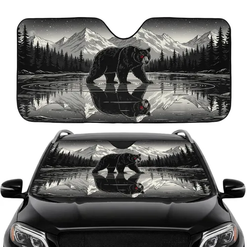 Majestic Black Bear Reflecting Water Pine Forest Starry Night - Car Interior Upgrade Car Sunshade