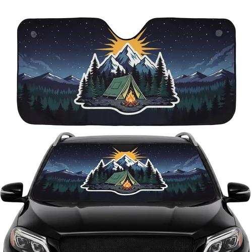 Snow-Capped Mountains Pine Forest A-Frame Tent Campfire - Road Trip Gift for Camping Lover Car Sunshade