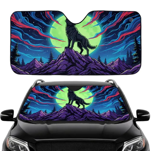 Howling Black Wolf Mountain Neon Green Moon Cosmic Sky - Car Interior Upgrade Car Sunshade