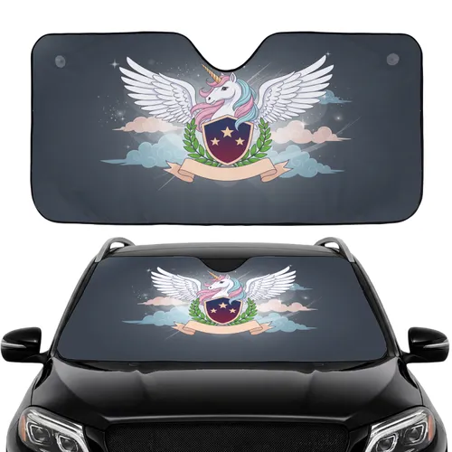 White Winged Unicorn Shield Golden Stars Olive Branches - Car Interior Upgrade Car Sunshade