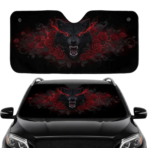 Red Eye Snarling Wolf Thorny Rose Wreath - Car Interior Upgrade for Wolf Lover Car Sunshade