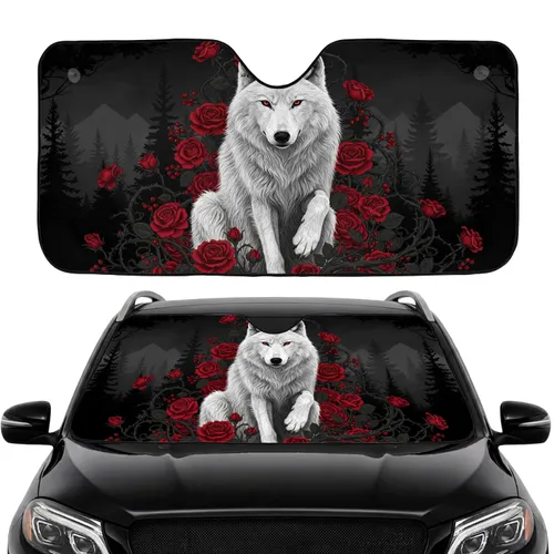 Majestic White Wolf Red Roses Enchanted Forest - Travel Essentials Gift Car Sunshade