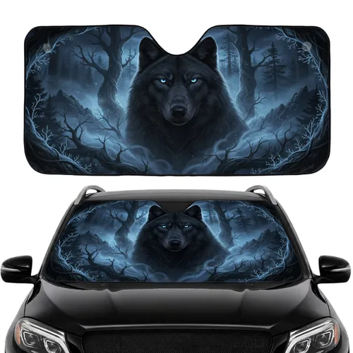 Black Wolf Ice Blue Eyes Moonlit Icy Forest - Road Trip Accessory for Wolf Lover Car Sunshade