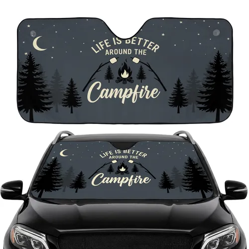 Life Is Better Around Campfire Pine Trees Night Sky Moon Stars Scene - Road Trip Gift Car Sunshade