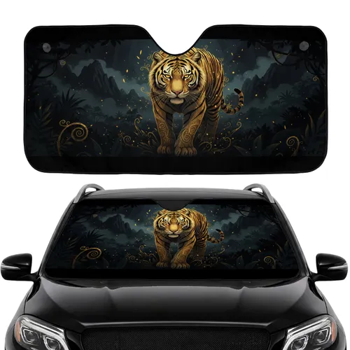 Powerful Tiger Golden Glow Ancient Ruin Jungle - Road Trip Gift for Wildlife Lover Car Sunshade