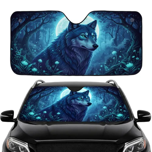 Indigo Wolf Full Moon Night Forest - Car Interior Upgrade Road Trip Accessory Car Sunshade