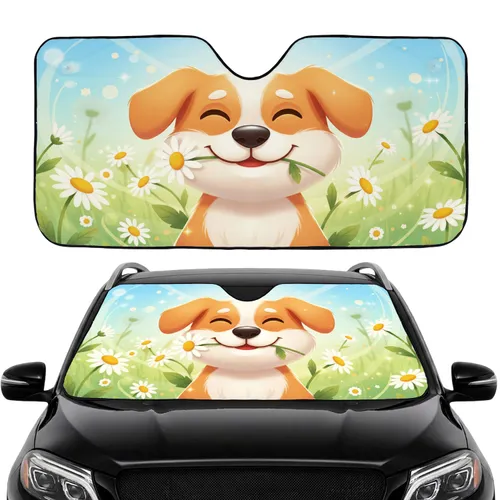 Smiling Light Brown Dog White Daisy Sky Greenery Road Trip Gift for Dog Lover Car Sunshade
