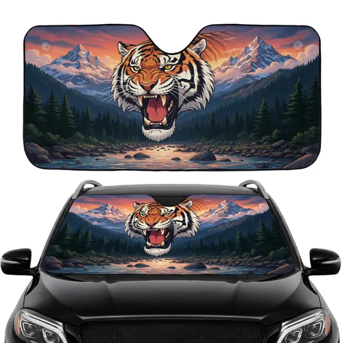 Ferocious Roaring Tiger Head Ornate Frame Twilight Jungle Car Interior Upgrade Car Sunshade