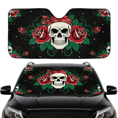 White Skulls Red Roses Hearts Love Sacred Golden Banner Scrolls Car Interior Upgrade Car Sunshade