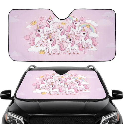 Unicorn Rainbow Hearts Crowns Cloudscape - Road Trip Gift for Unicorn Lover Car Sunshade
