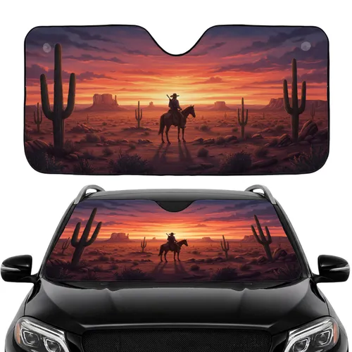 Lone Cowboy Dark Horse Saguaro Cacti Desert Sunset - Road Trip Gift for Western Lover Car Sunshade