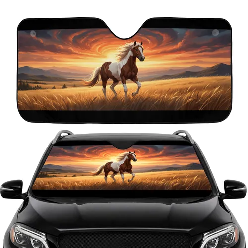 Pinto Horse Galloping Golden Field Sunset Landscape - Car Interior Upgrade for Horse Lover Car Sunshade