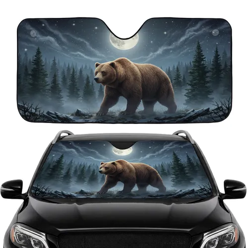 Grizzly Bear Frost Forest Moon Night Sky - Car Interior Upgrade for Bear Lovers Car Sunshade