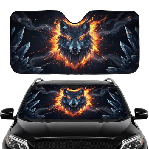Angular Polygonal Wolf Head Snarl Flames - Travel Essentials Car Sunshade