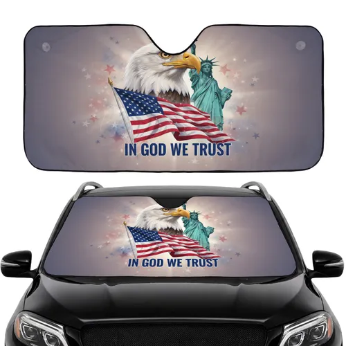 Bald Eagle American Flag Statue of Liberty 'IN GOD WE TRUST' - Road Trip Accessory Car Sunshade