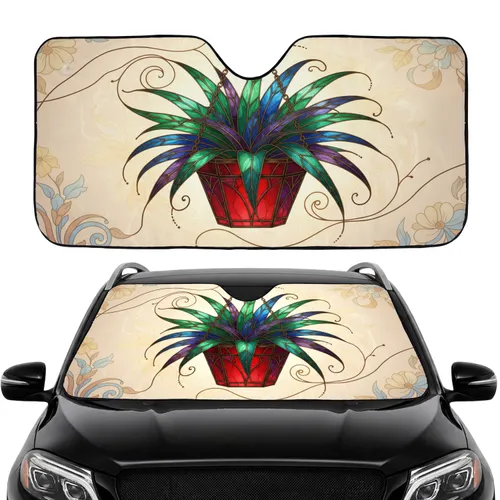 Stained Glass Succulent Plant Botanical - Car Interior Upgrade Travel Essentials Car Sunshade