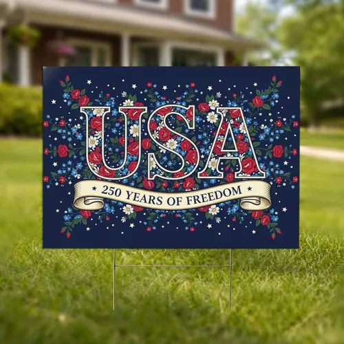 USA Patriotic Floral 250 Years of Freedom Banner - America's 250th Anniversary 1776-2026 Yard Sign