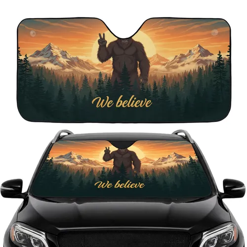 Majestic Bigfoot Peace Sign 'We believe' Golden Sunset Wilderness - Car Interior Upgrade Car Sunshade