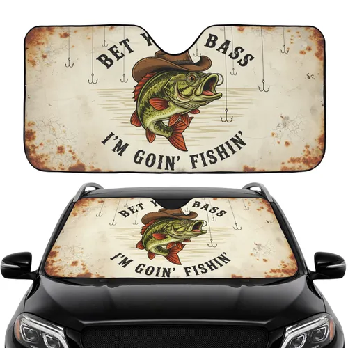 Rustic Bass Fish Cowboy Hat Distressed Fishing Sign Road Trip Essential Gift for Fishermen Car Sunshade