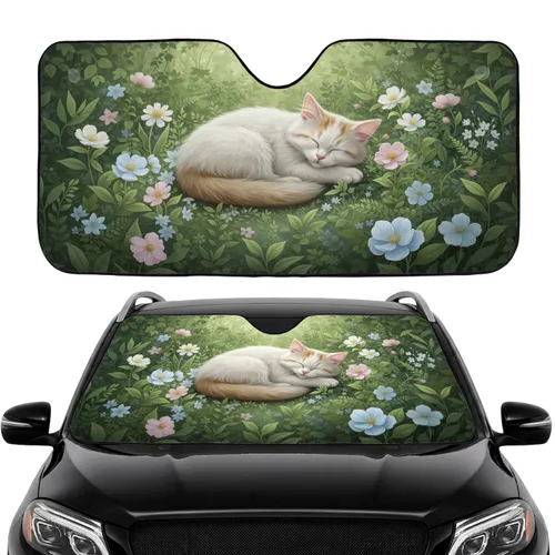 Sleeping White Kitten Ginger Patches Floral - Nature Lover Cat Gift Car Sunshade
