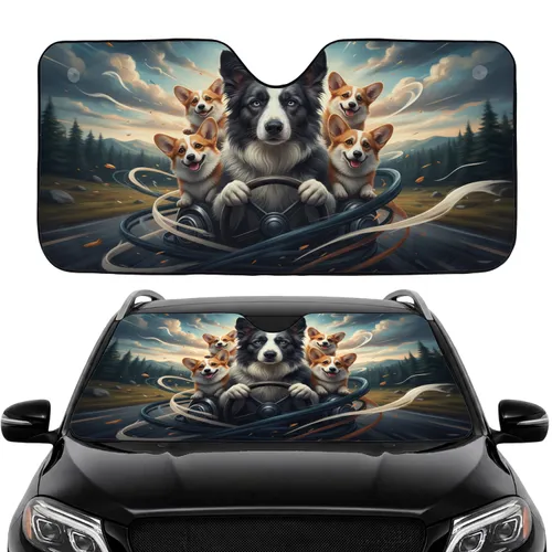 Border Collie Corgi Dogs Driving Whimsical Journey - Wildlife Lover Gift Car Sunshade