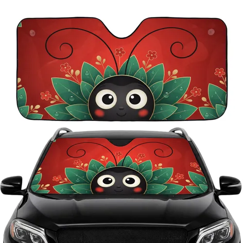 Stylized Ladybug Face Curly Antennae Green Leaves Floral - Nature Lover Gift Car Sunshade