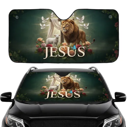 Lion Lamb Jesus Cross Doves Roses - Spiritual Home Decor Gift for Christian Believer Car Sunshade