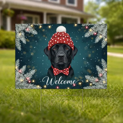 Black Labrador Dog Welcome Sign - Winter Holiday Home Decor Gift for Dog Lovers Yard Sign