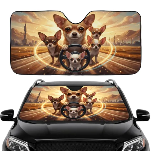 Driving Chihuahuas Steering Wheel Sunset Road Trip - Chihuahua Lover Gift Car Sunshade