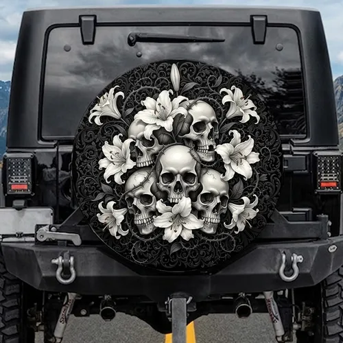 Skulls White Lilies Ornate Foliage - Gothic Decor Gift Spare Tire Cover