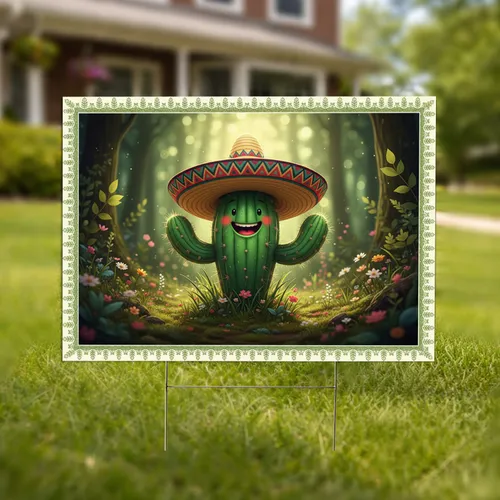Vibrantly Green Smiling Cactus Colorful Sombrero Lush Forest Floor Scene Outdoor Decor Gift Yard Sign